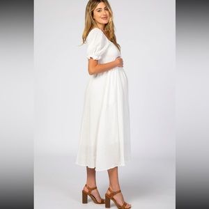 PinkBlush Hayden White Smocked Puff Sleeve Maternity Midi Dress